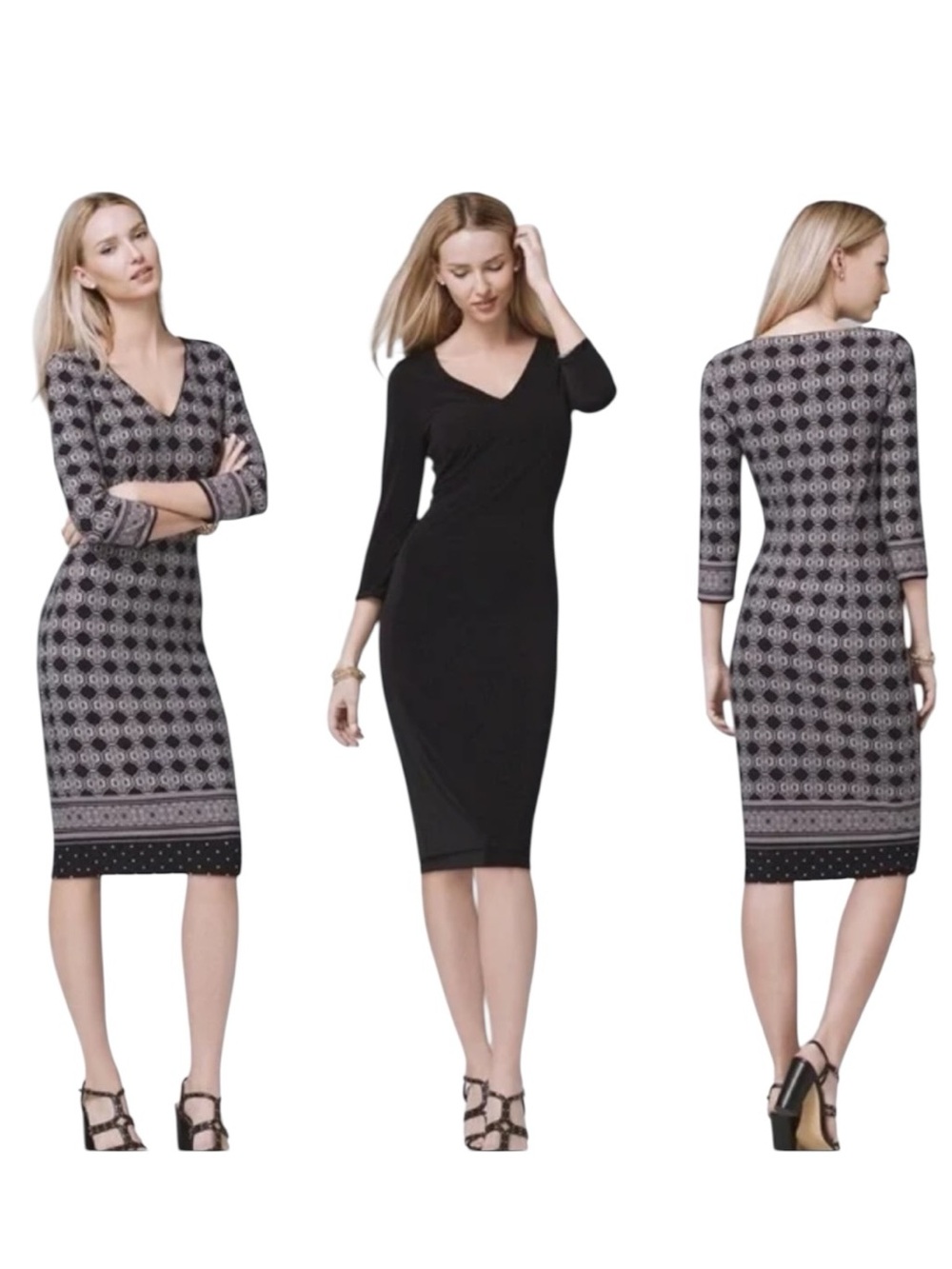 Black & White Patterned V-Neck Midi Dress - Women's